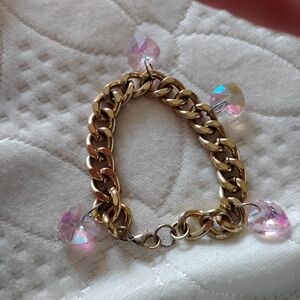Gold Bracelet with Pink Heart Charms